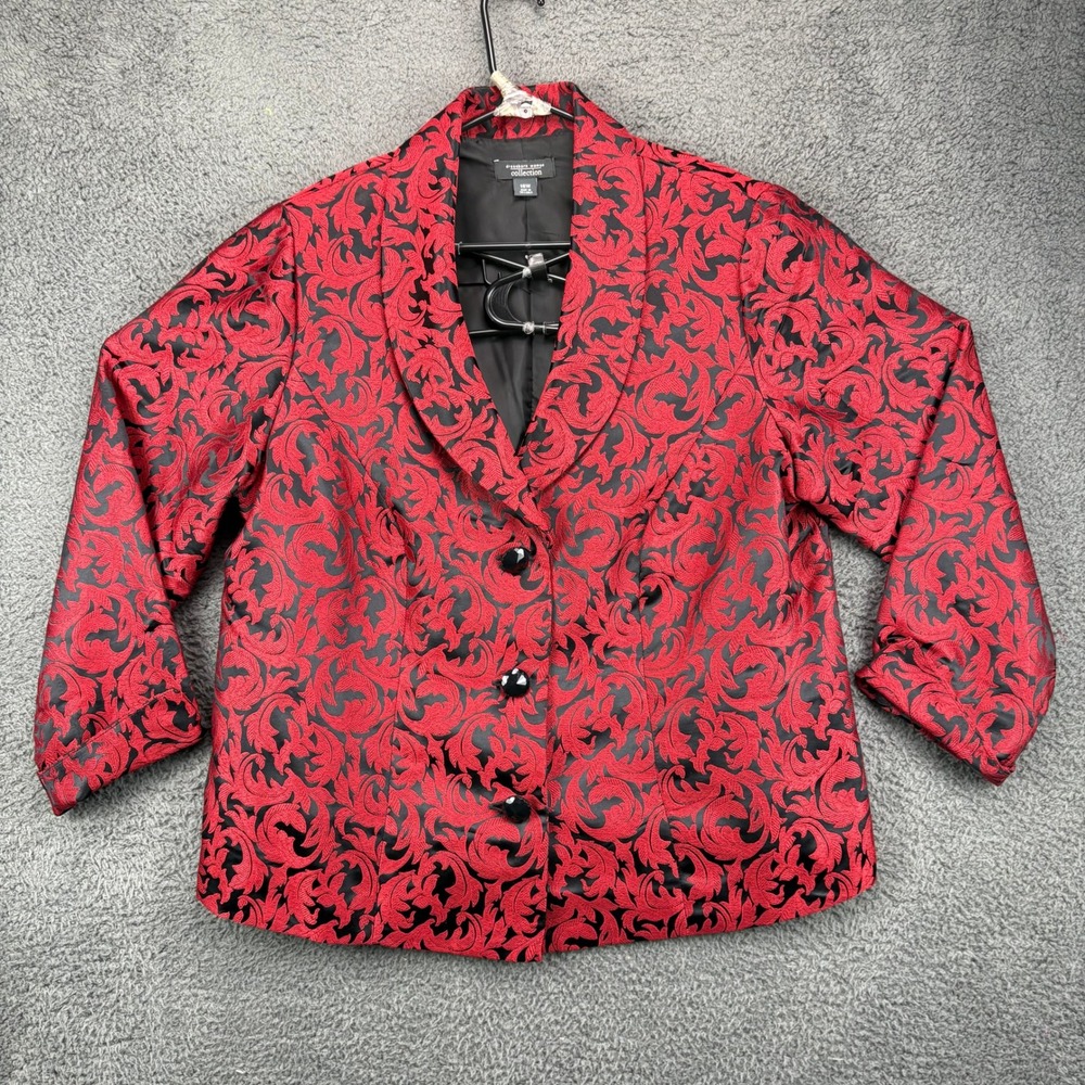 Dressbarn Woman Collection Red Black Floral Jacquard Blazer Jacket Size 16W‎
